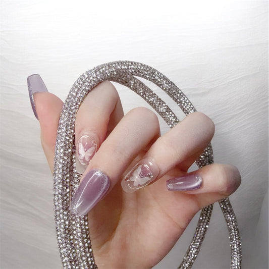 Purple Medium Coffin Press-On Nails with Butterfly Design | Tipora 021