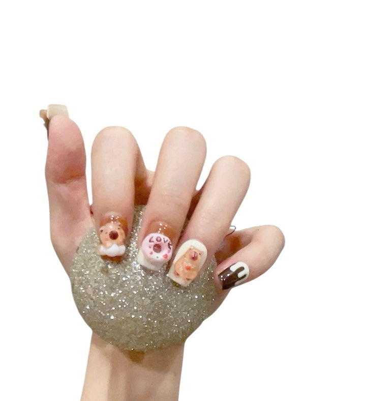 Short Square Brown Press-On Nails with 3D Capybara Design | Tipora 105