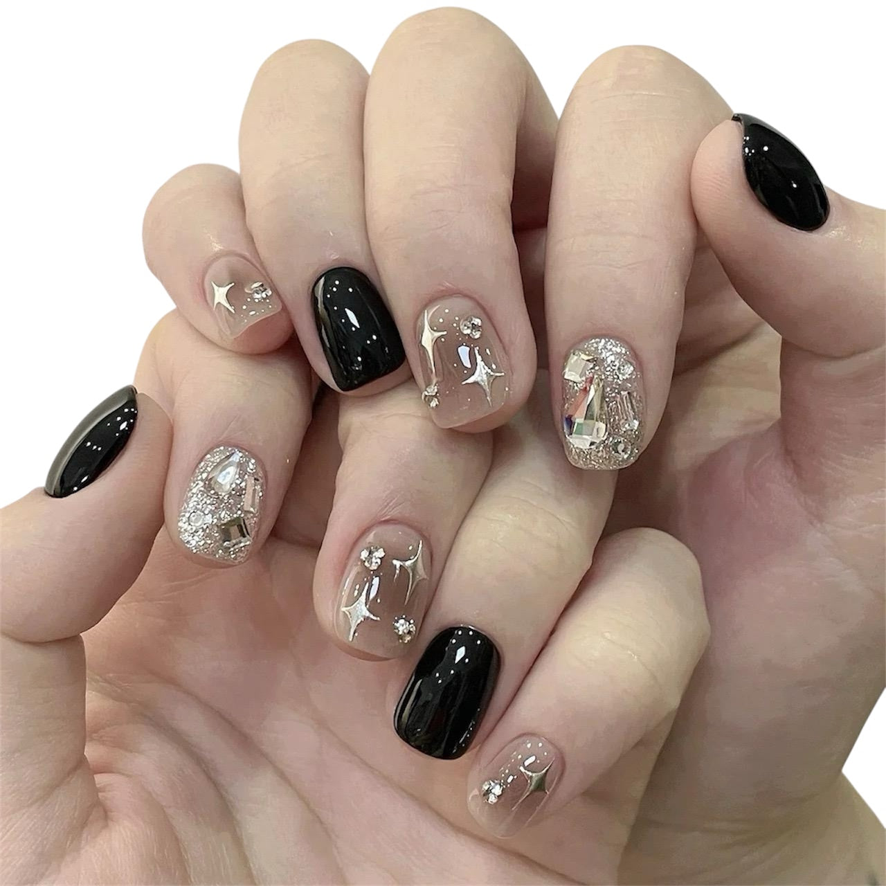Black, Gray & Silver Short Square Press-On Nails with Sparkle Design | Tipora Doudou 056