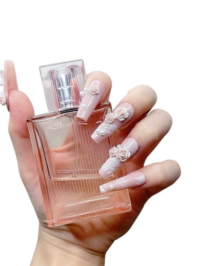 Pink Long Coffin Press-On Nails with 3D Flower Design | Tipora 019