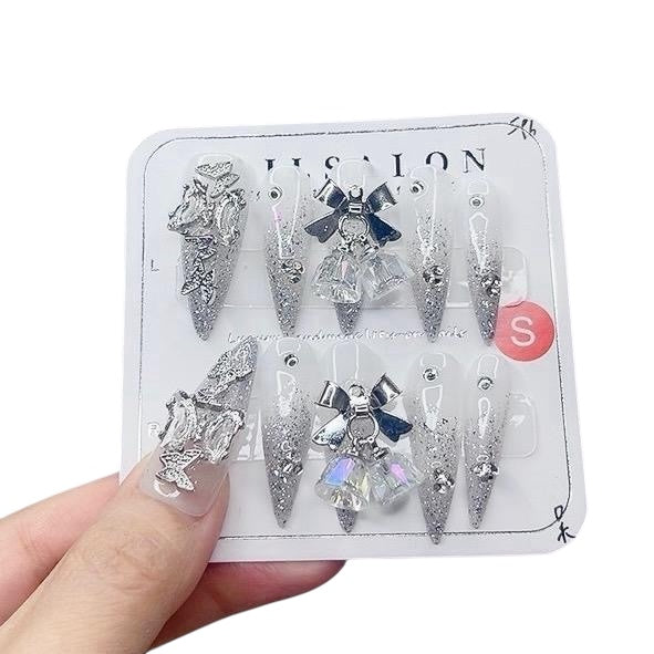 Silver Long Stiletto Press-On Nails with Bell Design | Tipora 022