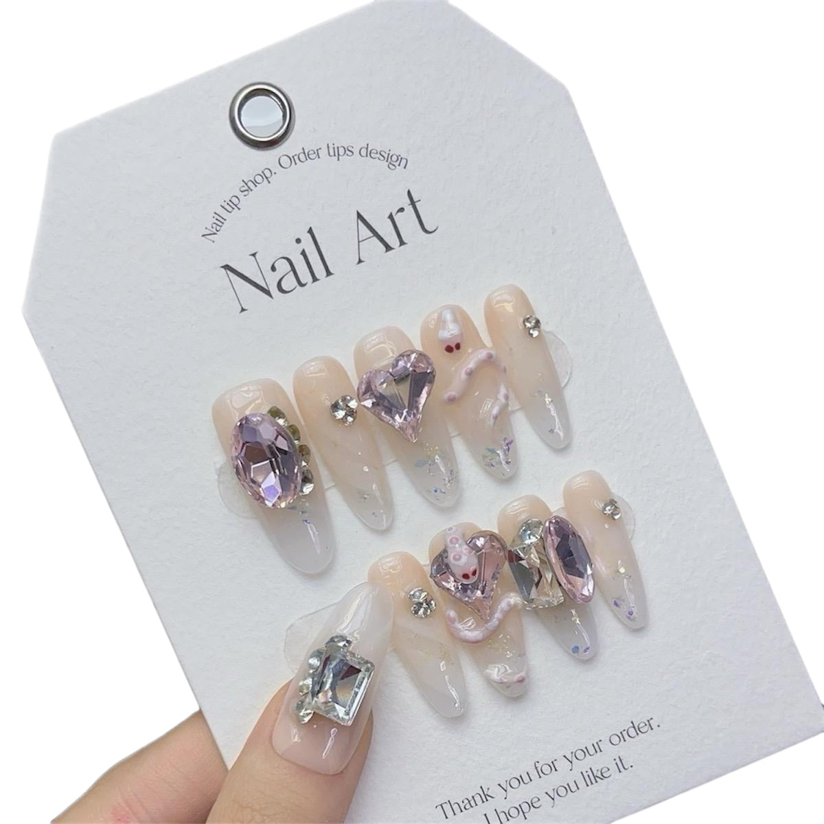 Pink Long Oval Press-On Nails with 3D Snake Design – Tipora 025