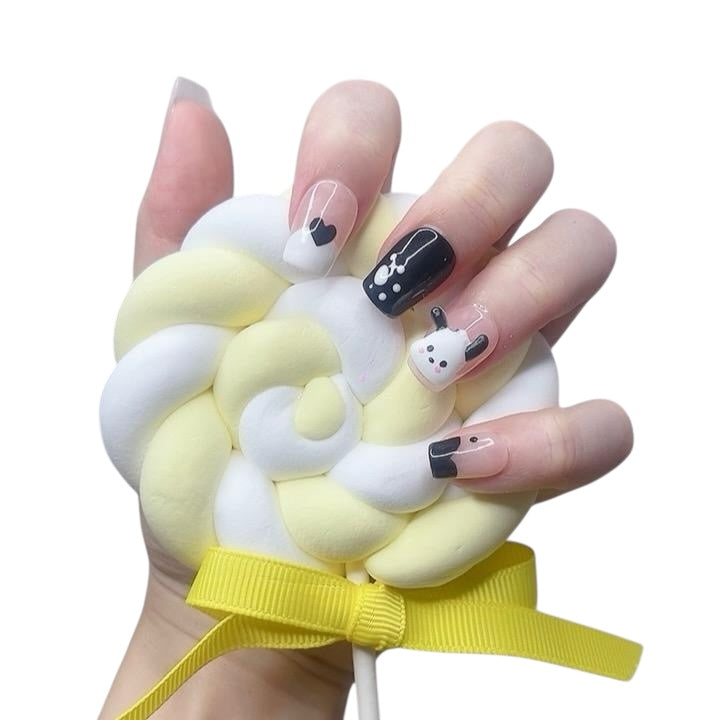 Black & White Short Square Press-On Nails with 3D Puppy Design | Tipora 036