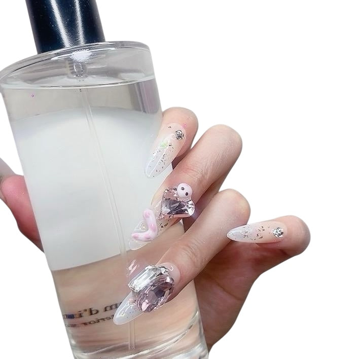 Pink Long Oval Press-On Nails with 3D Snake Design – Tipora 025