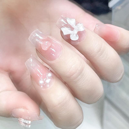 Pink Medium to Long Coffin Press-On Nails with 3D Bowknot, Pearls & Heart Design | Tipora 049