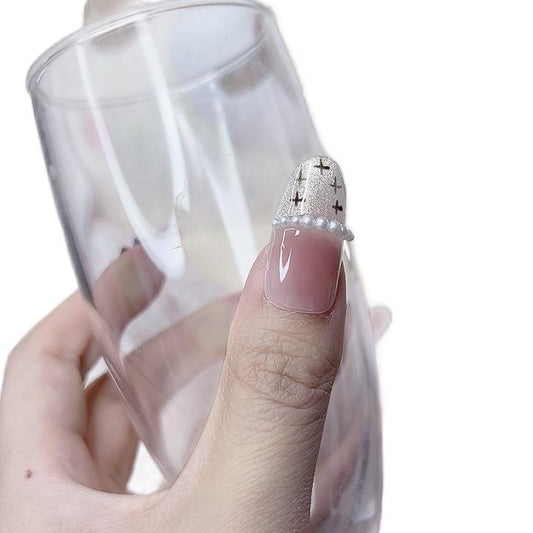 Artificial Acrylic Nails Long Oval with Mini Peal and Black Bowknot Design Tipora 113