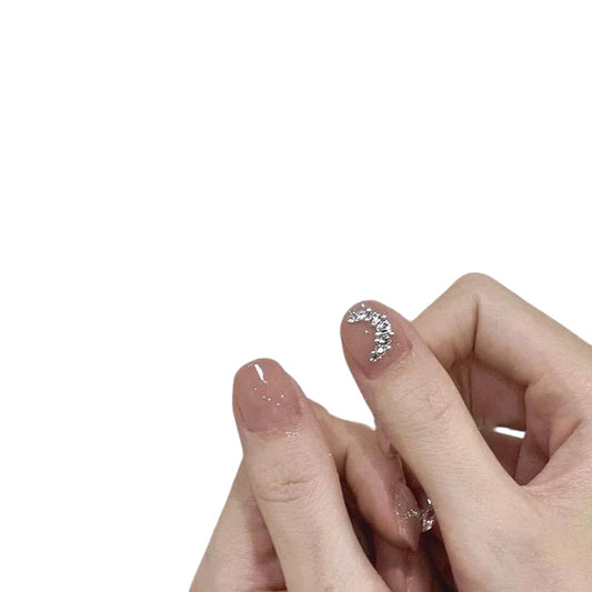 Pink Short Round Press-On Nails with Sparkle Moon Design | Tipora 024