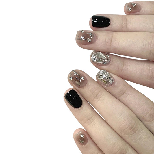 Black, Gray & Silver Short Square Press-On Nails with Sparkle Design | Tipora Doudou 056