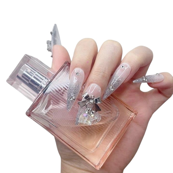 Silver Long Stiletto Press-On Nails with Bell Design | Tipora 022