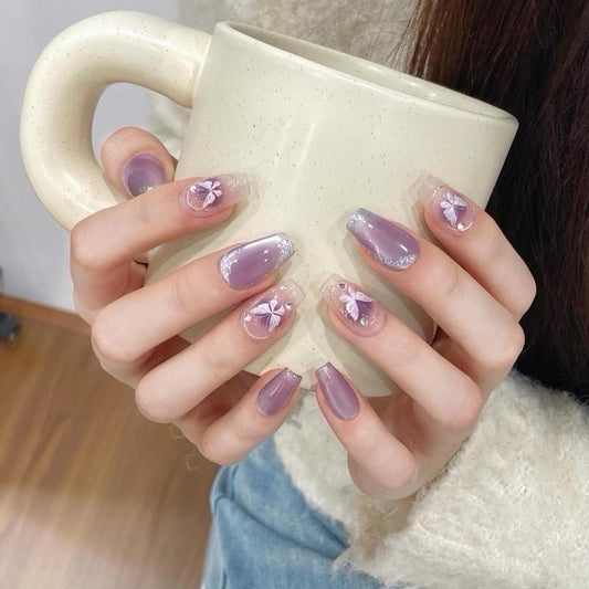 Purple Medium Coffin Press-On Nails with Butterfly Design | Tipora 021