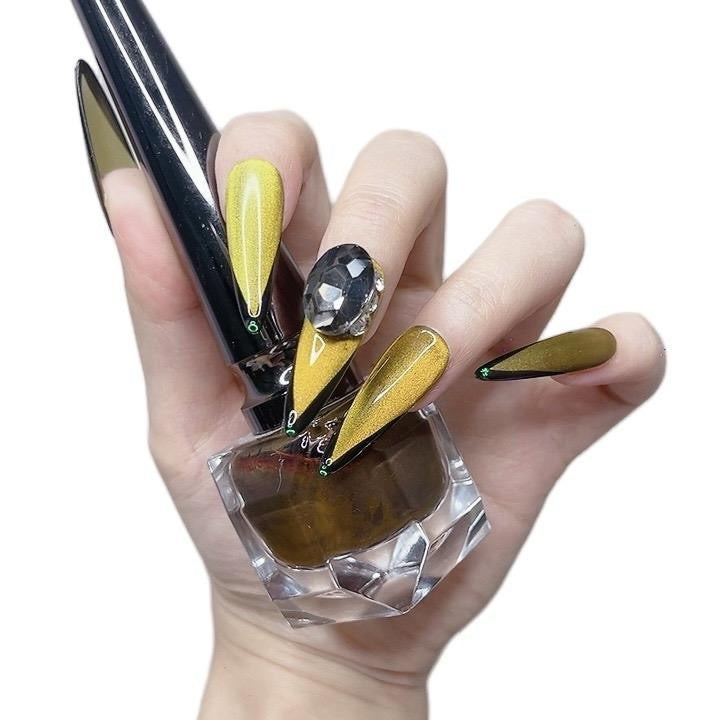 Yellow Long Stiletto Press-On Nails with Rhinestones – Tipora 082