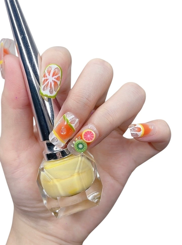 Orange Medium-Long Square Press-On Nails with Summer Design | Tipora 054
