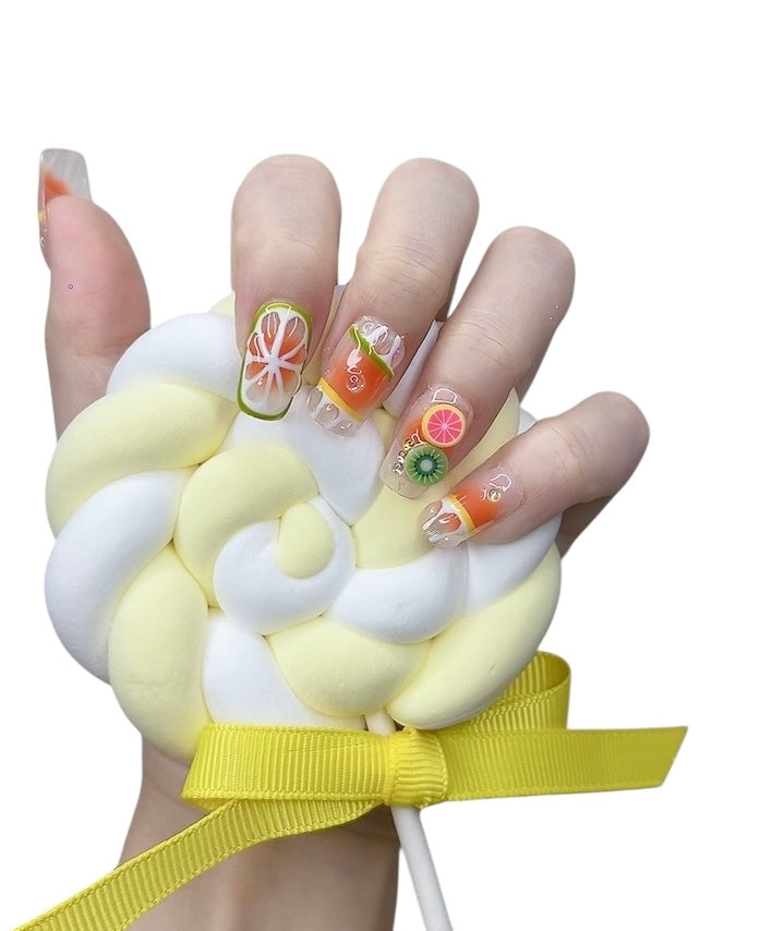 Orange Medium-Long Square Press-On Nails with Summer Design | Tipora 054