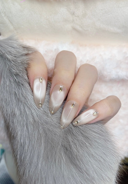 Press on Nails Almond Shape Medium Length Pink Color with Simple Line Design 130 Glam Nail