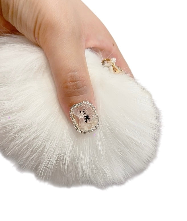 Short Round Press-On Nails with Bear & Bowknot Design | Tipora 005
