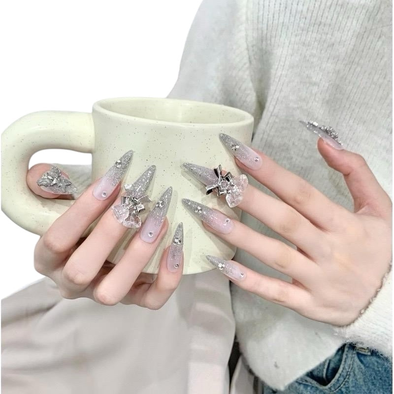 Silver Long Stiletto Press-On Nails with Bell Design | Tipora 022