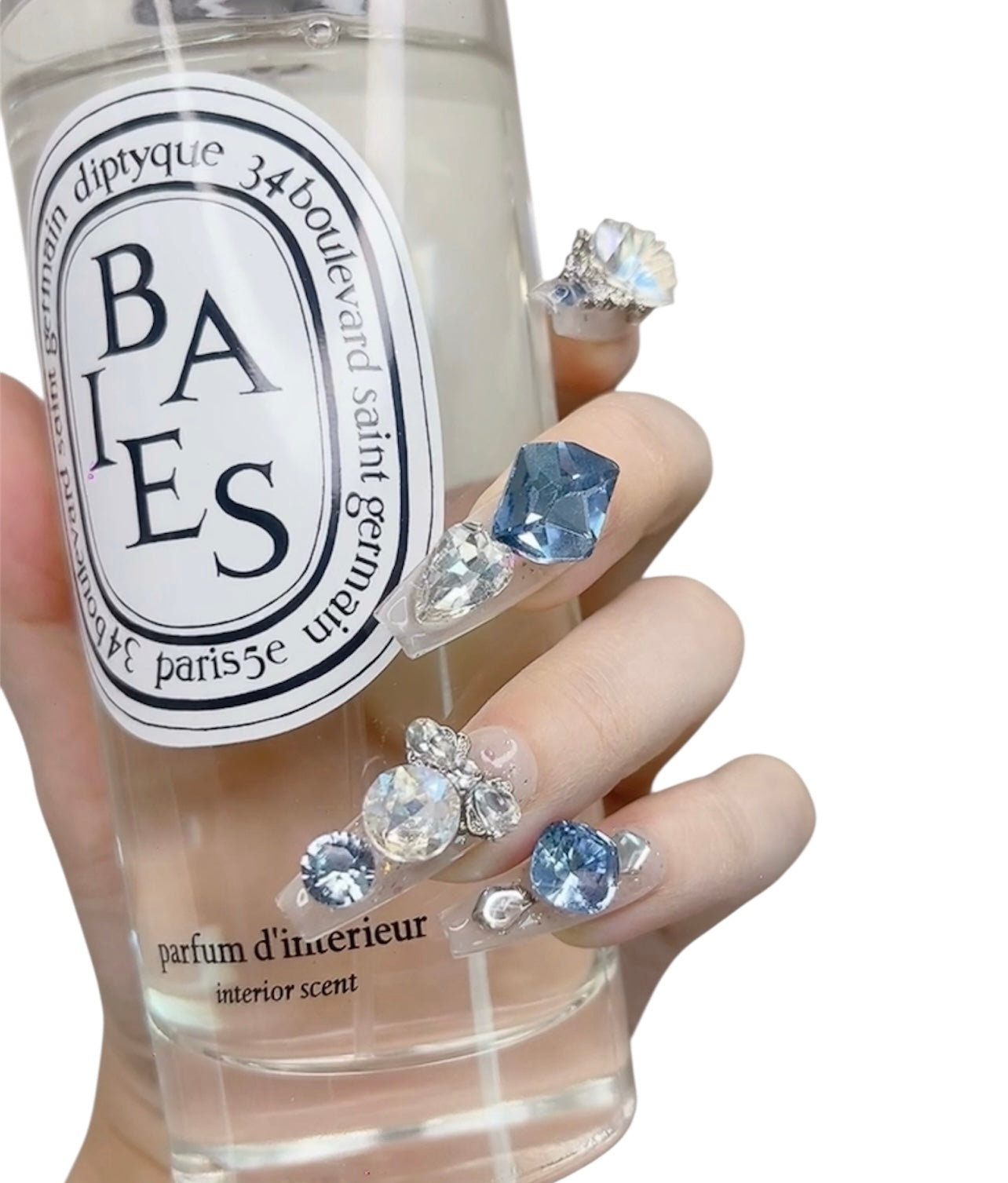 Blue & Silver Long Coffin Press-On Nails with Rhinestone Design | Tipora 028