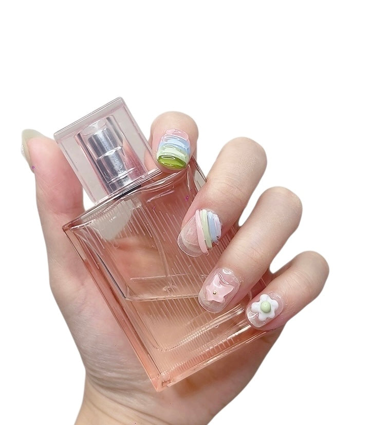 Rainbow-Inspired Short Round Press-On Nails with 3D Flower Design | Tipora 035