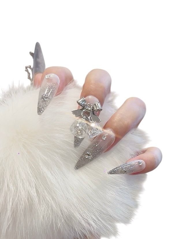 Silver Long Stiletto Press-On Nails with Bell Design | Tipora 022