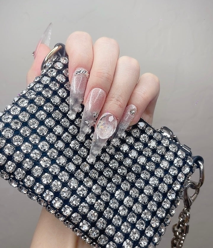 Pink Long Stiletto Press-On Nails with Clear Rhinestones – Tipora 052