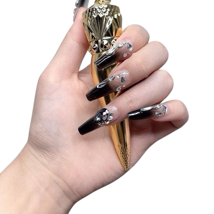 Black Long Coffin Press-On Nails with Black Rhinestone Design | Tipora 061