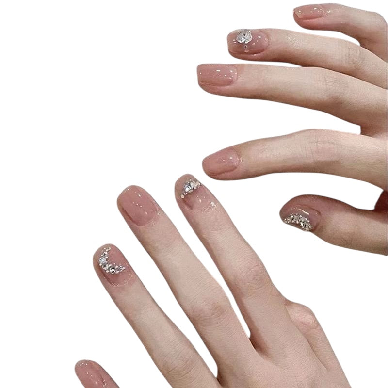 Pink Short Round Press-On Nails with Sparkle Moon Design | Tipora 024