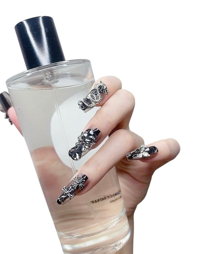 Black & Silver Long Coffin Press-On Nails with 3D Dragon Design | Tipora 013