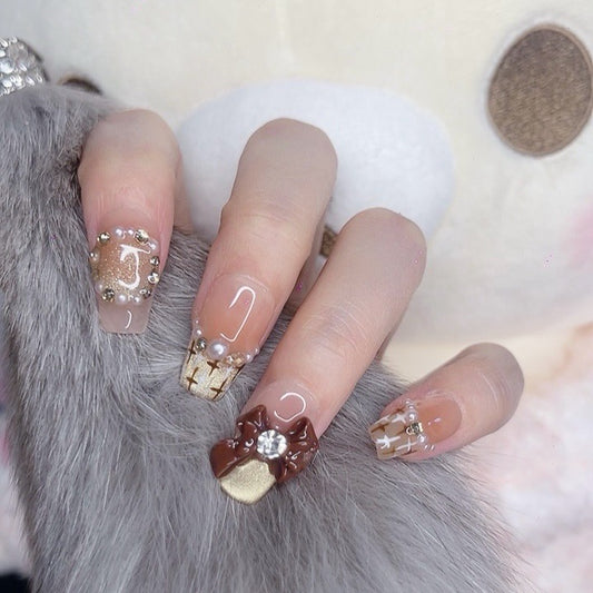 Press on Nails Medium Length Coffin Shape with Brown Bowknot and Mini Pearl Design 120