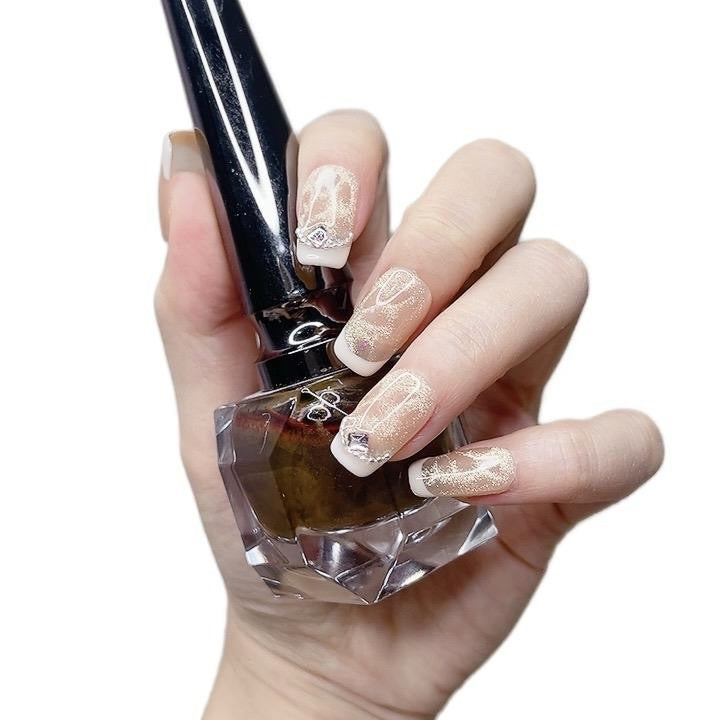 Square Press-On Nails with French Tip and Sparkle Design | Tipora 083