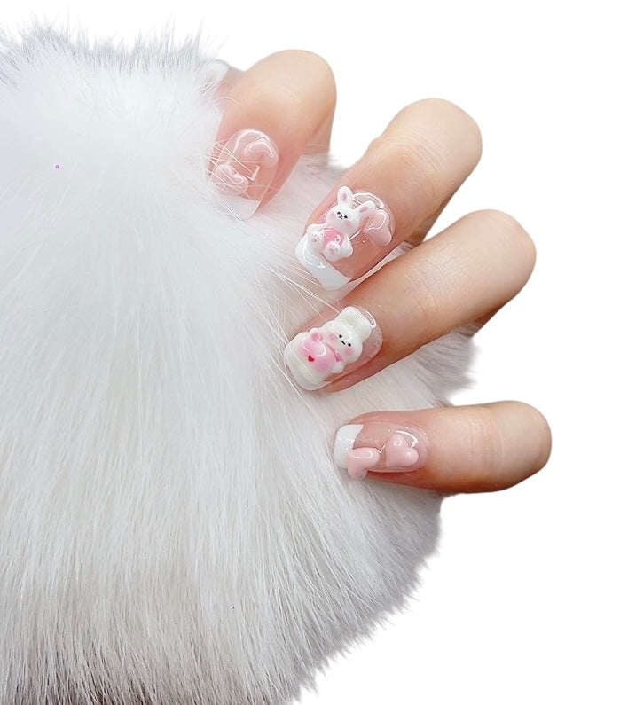 White & Pink Short Square Press-On Nails with 3D Bunny & French Tip | Tipora 073