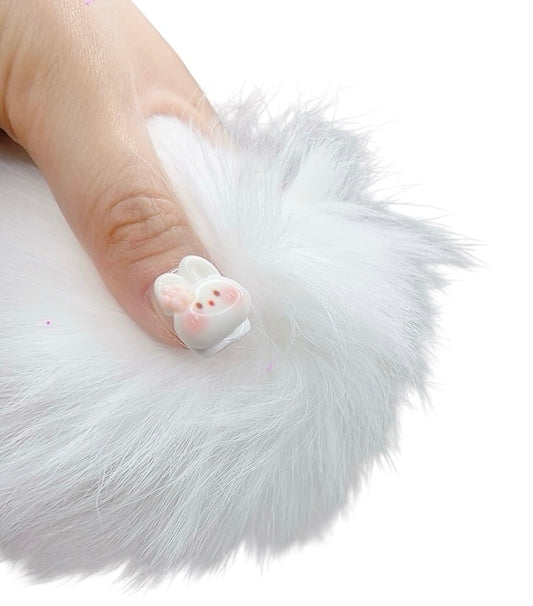 White & Pink Short Square Press-On Nails with 3D Bunny & French Tip | Tipora 073