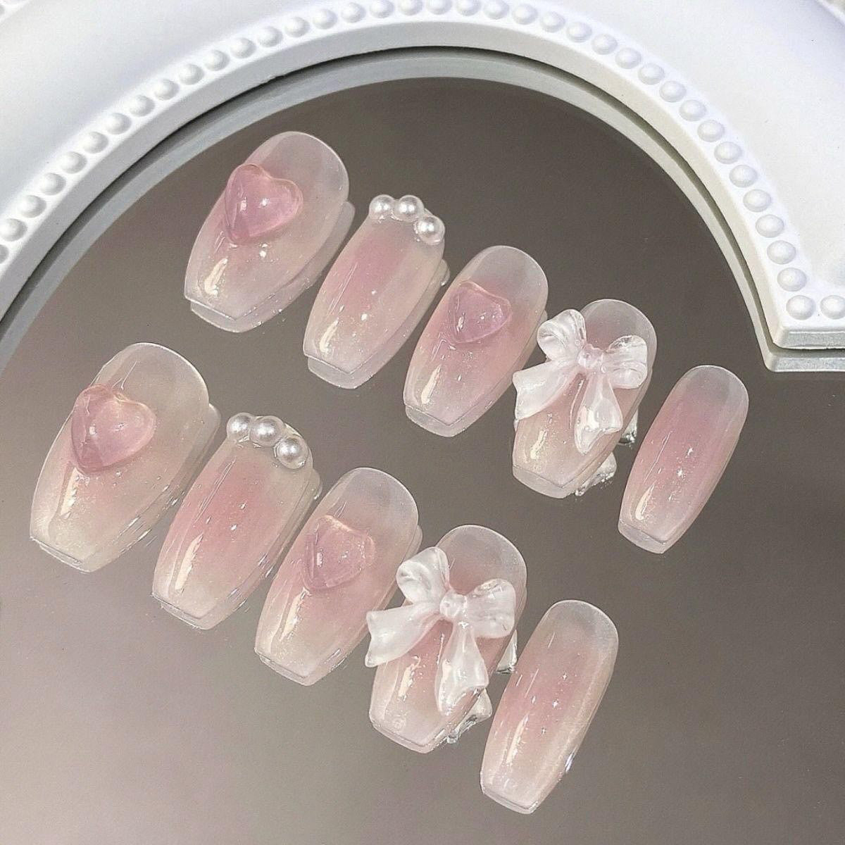 Pink Medium Long Coffin Press-On Nails with 3D Bowknot, Pearls & Heart Design | Tipora 049