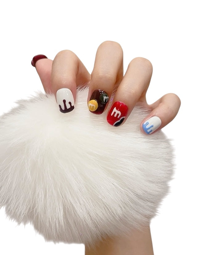 Colorful Short Round Press-On Nails with M&M Candy Design | Tipora 102