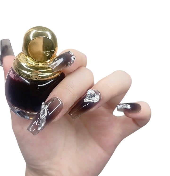 Black Long Coffin Press-On Nails with Heart-Shaped Rhinestone Design | Tipora 018