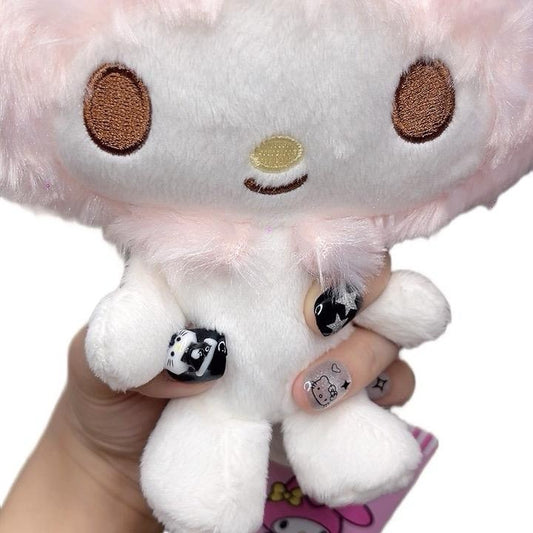 Press on Nails Short Round Black and Gray Color with Cat Design 027