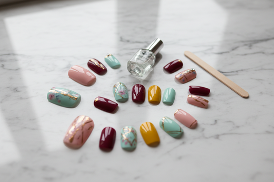 Reusable handmade press-on nails neatly stored in a protective nail case after cleaning