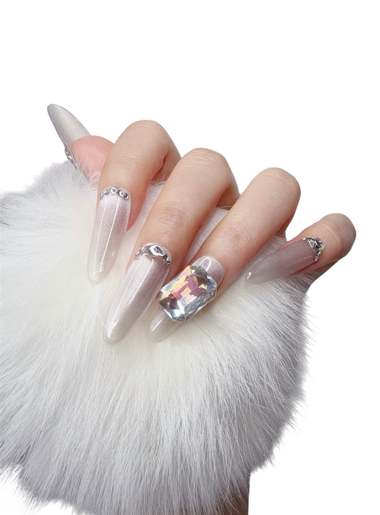 Gray Long Oval Press-On Nails with Rhinestone Design | Tipora 003