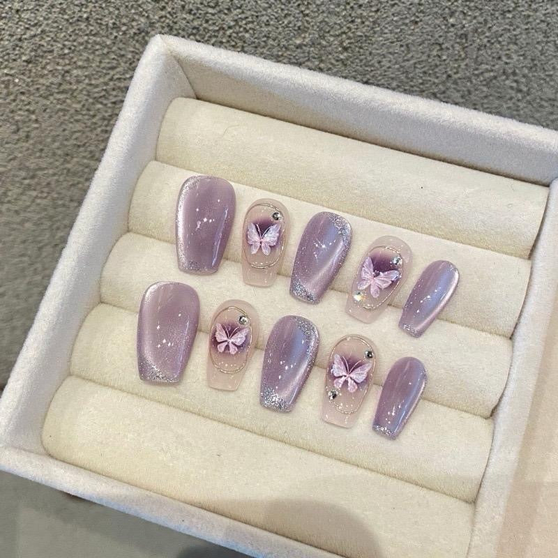 Purple Medium Coffin Press-On Nails with Butterfly Design | Tipora 021