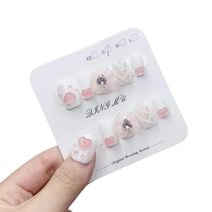 White & Pink Short Square Press-On Nails with Furry Cat Paw Design | Tipora 017 Limited Edition