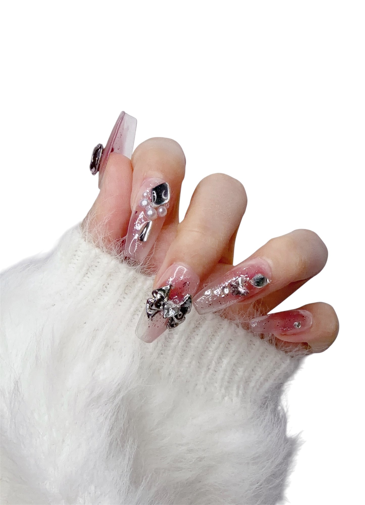 Pink Medium Coffin Press-On Nails with 3D Metallic Bowknot Design | Tipora 086