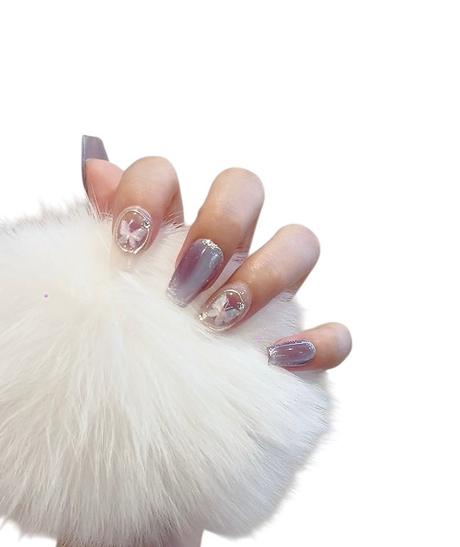 Purple Medium Coffin Press-On Nails with Butterfly Design | Tipora 021