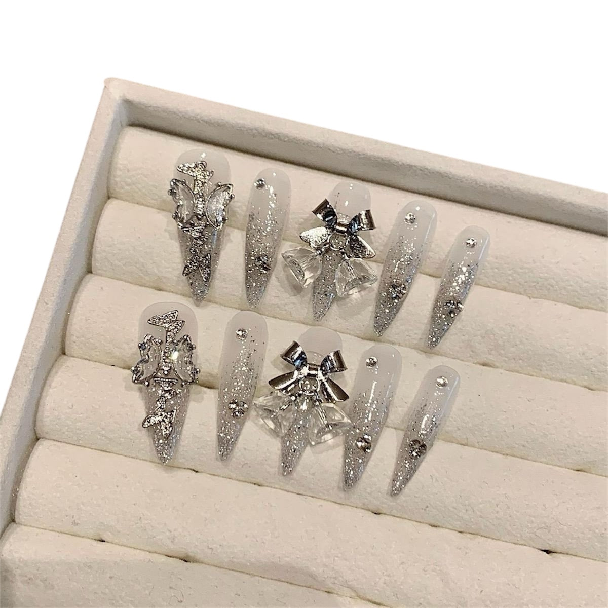 Silver Long Stiletto Press-On Nails with Bell Design | Tipora 022