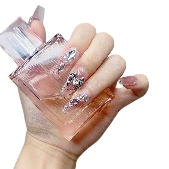 Pink Medium Coffin Press-On Nails with 3D Bowknot Design | Tipora 086