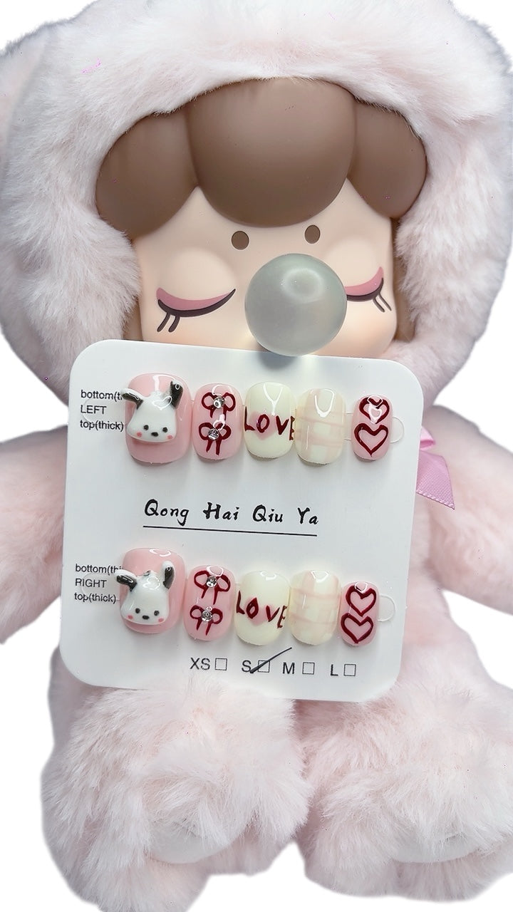 Pink & White Short Round Press-On Nails with 3D Dog Design | Tipora 058