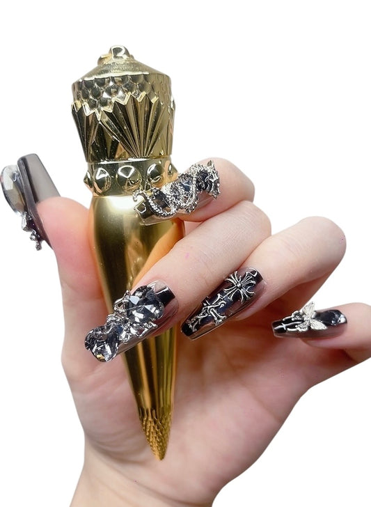 Black & Silver Long Coffin Press-On Nails with 3D Dragon Design | Tipora 013