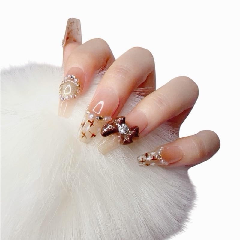 Handmade long coffin brown bow press-on nails with glossy finish