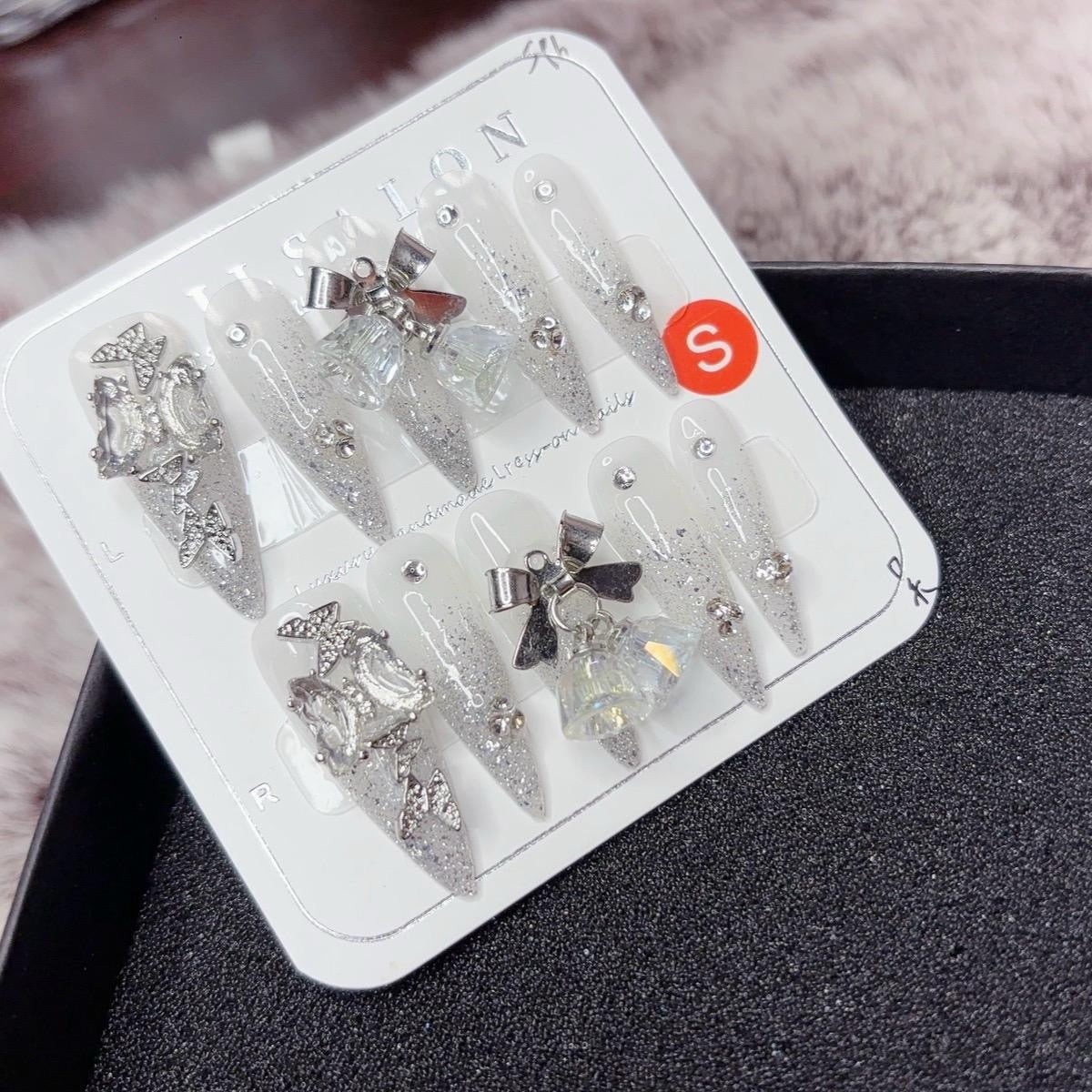 Silver Long Stiletto Press-On Nails with Bell Design | Tipora 022