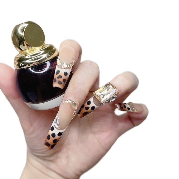 Leopard Print Press On Nails – Long Coffin Shape with Square Rhinestones (077)