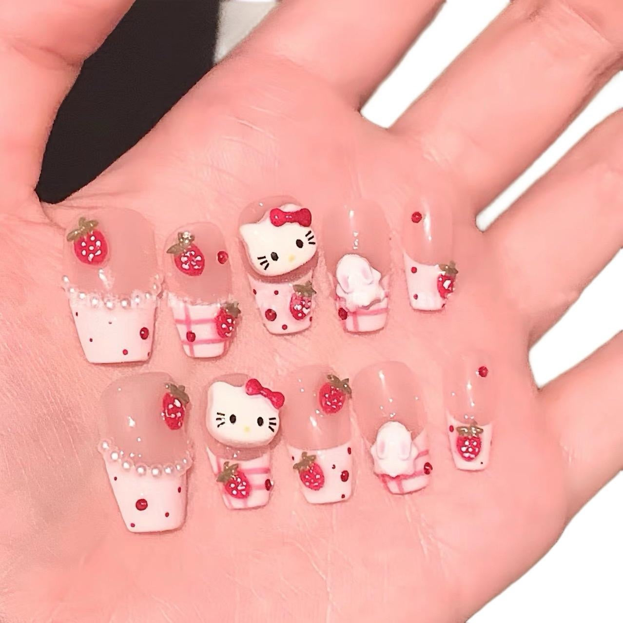 Press on Nails Medium to Length Coffin Shape with Cat Design 057