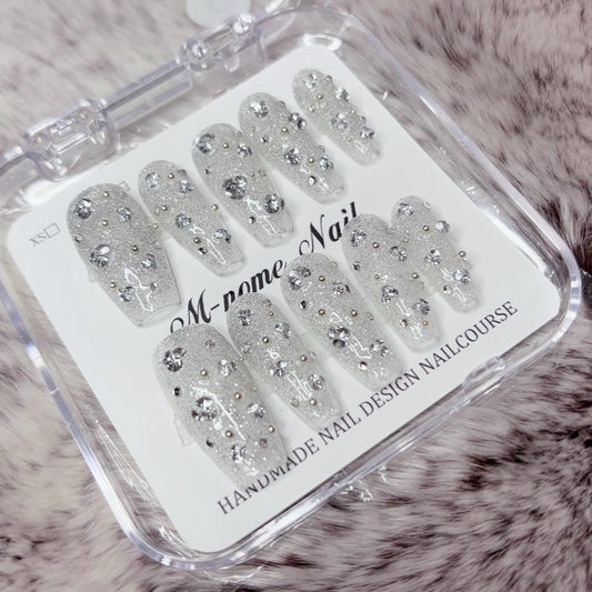 Transparent Long Coffin Press-On Nails with Sparkle Design – Tipora 006